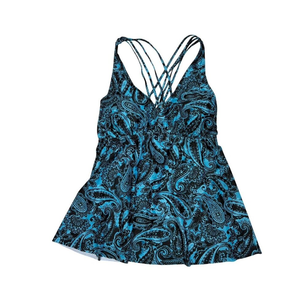 *New Aqua Eve Tankini Swimsuit Top Womens Plus 20W Turquoise Black Paisley Print